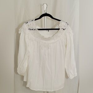 White Lace-Trim Peasant Blouse - Women Tops